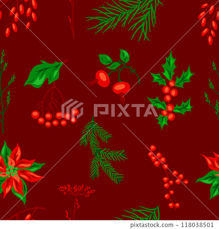Pattern with winter plants. Merry Christmas and Happy New Year decoration. 118038501