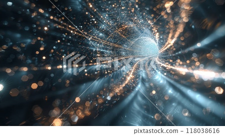 An otherworldly landscape made up of shimmering neutrino particles giving a sense of the vastness and mystery of the cosmic background 118038616