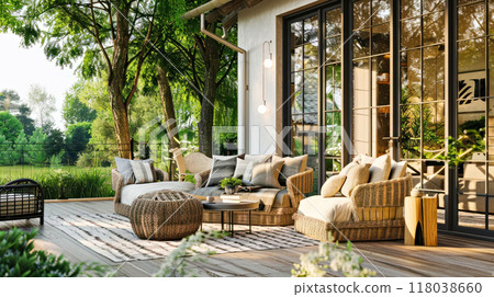 Cozy outdoor patio with rattan furniture and lush greenery 118038660