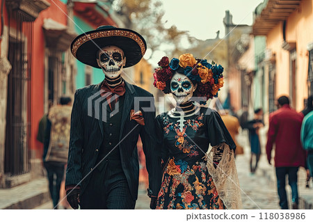 couple walking through the streets of mexico on the day of the dead. Ai generative 118038986