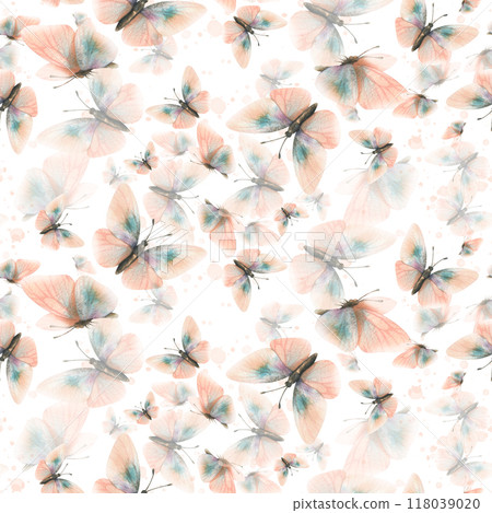 Delicate, flying, elegant butterflies in the trendy pastel color peach fuzz in a vintage style. Hand drawn watercolor illustration. Seamless pattern, repeating ornament on a white background Delicate, flying, elegant butterflies in the trendy pastel color peach fuzz in a vintage style. Hand drawn watercolor illustration. Seamless pattern, repeating ornament on a white background 118039020