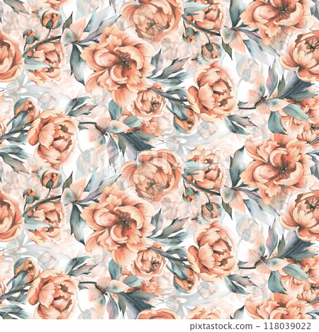 Peony flowers with buds and leaves with flying butterflies in pastel peach fuzz color. Hand drawn botanical watercolor illustration. Romantic, cute, beautiful, seamless pattern, repeating ornament Peony flowers with buds and leaves with flying butterflies in pastel peach fuzz color. Hand drawn botanical watercolor illustration. Romantic, cute, beautiful, seamless pattern, repeating ornament 118039022