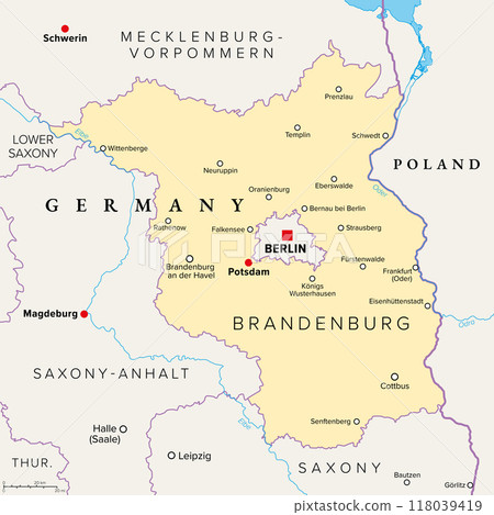 Brandenburg, a state in northeastern Germany, political map with capital and largest city Potsdam, borders, and largest cities. Brandenburg surrounds the national capital and city-state of Berlin. 118039419