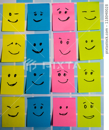 conceptual image composed of post-its of urban tribes living together in an orderly fashion. 118040028