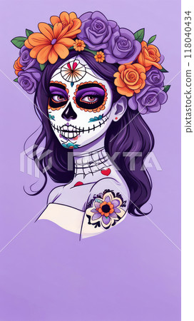 Day of the Dead makeup with floral crown on woman. 118040434