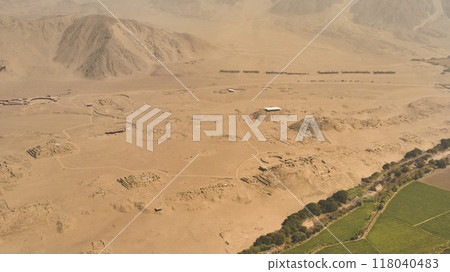 Aerial view to Ruins of Caral, oldest city in America, Unesco World Heritage Site, Rio Supe Valley, Peru 118040483