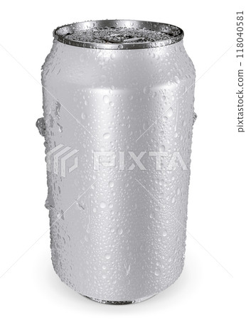 3d Render realistic aluminum cans with water drops. Metallic cans for beer, soda, lemonade, juice, energy drink. Mockup, blank with copy space. 118040581