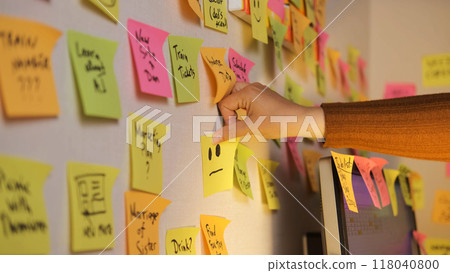 Close-up of hand of an overwhelmed woman adding vibrant sticky notes to a wall already filled with reminders Close-up of hand of an overwhelmed woman adding vibrant sticky notes to a wall already filled with reminders 118040800