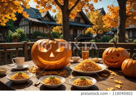 Sunny Halloween day in Japan, noodles on a plate on wooden table with pumpkin jack o lantern, terrace outside the house. Sunny Halloween day in Japan, noodles on a plate on wooden table with pumpkin jack o lantern, terrace outside the house. 118040802