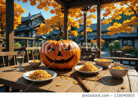 Sunny Halloween day in Japan, noodles on a plate on wooden table with pumpkin jack o lantern, terrace outside the house. 118040803