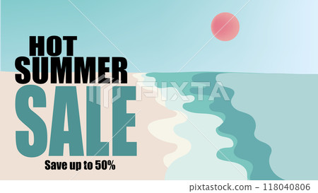Summer sale vector design, Hot Summer Sale promotion banner, summertime commercial background with lettering, summer sun and sea for seasonal shopping, promotion and sale advertising 118040806