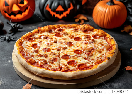Cheese pizza on dark background surrounded by carved pumpkins and skulls representing Halloween theme with autumn leaves 118040855