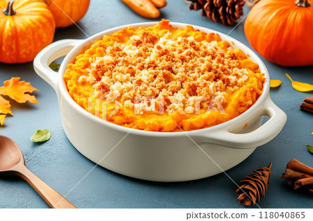 Sweet potato casserole with a crunchy pecan topping in white ceramic dish. Concept of Thanksgiving Day side dishes 118040865