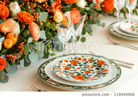 Empty white plate with fork and knife, surrounded by pumpkins, leaves on white background. Thanksgiving concept 118040866