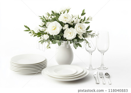 Elegant vase with flowers, plates, cutlery and wine glasses on white background. Concept of home decor and table setting 118040883