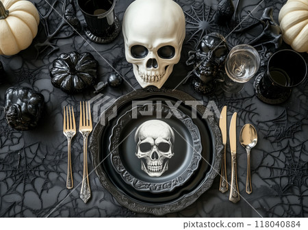 Halloween themed table setting with skulls, black pumpkins, and ornate cutlery. Concept of spooky dining decor 118040884
