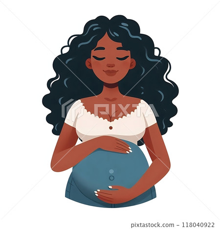 Plus size black woman pregnant, flat style, white background, isolated, pastel colors  118040922