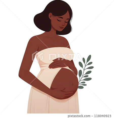 Plus size black woman pregnant, flat style, white background, isolated, pastel colors  118040923
