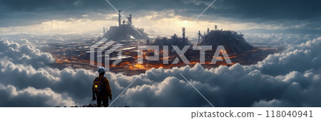 Panoramic painting of an engineer admiring a huge power plant in the distance, the building surrounded by clouds high in the mountains. Concept illustration  118040941