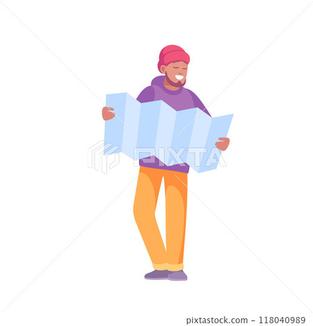 Happy Man Tourist Examine Map Search for Way Vector Illustration Happy Man Tourist Examine Map Search for Way Vector Illustration 118040989