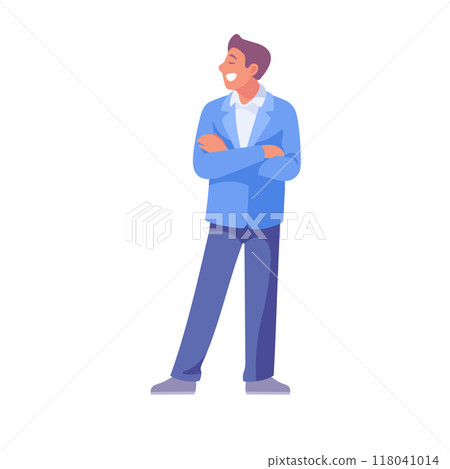 Happy Man Standing with Folded Arms and Talking to Somebody Vector Illustration 118041014