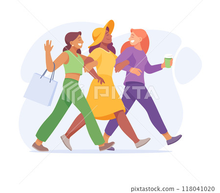 Good Company with Woman Friend Walking Together Vector Illustration 118041020