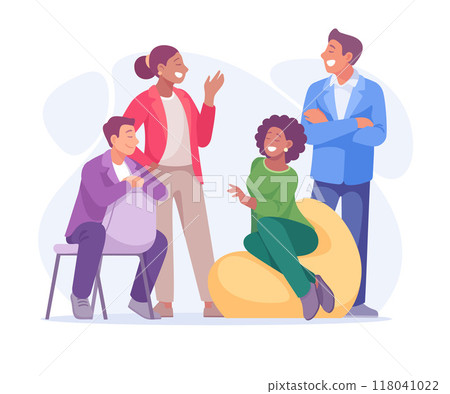 Good Company with Man and Woman Friend Sit Talk Together Vector Illustration 118041022
