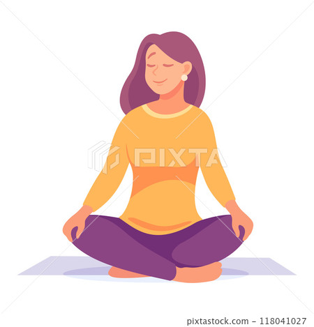 Happy Woman Sit in Yoga Asana Meditation Pose Vector Illustration Happy Woman Sit in Yoga Asana Meditation Pose Vector Illustration 118041027
