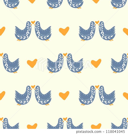 Folk ornamental bird and hearts seamless pattern. Suitable for printing on fabric and paper. Vector background 118041045