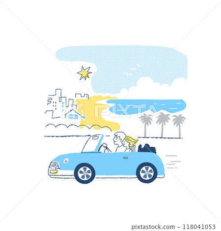 Couple driving an open car along the beach Couple driving an open car along the beach 118041053