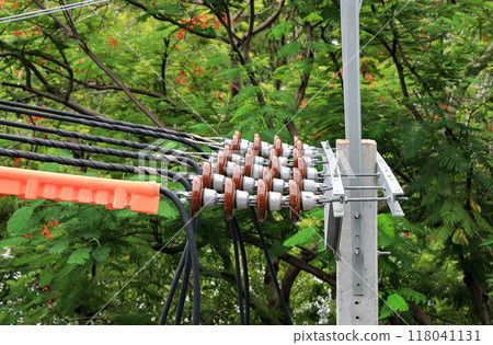Close view of high voltage post, High voltage tower, show with high voltage construction and power lines. 118041131