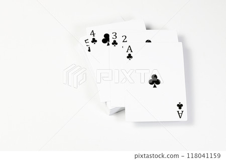 Flying playing card for poker and gambling, top with A clubs - isolated on white background. Flying playing card for poker and gambling, top with A clubs - isolated on white background. 118041159