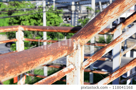 Rust of metals on Iron railing or Handrail. Corrosion of metal. Rust and corrosion in the weld. Corrosive Rust on old iron, grunge rust texture. 118041168