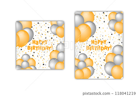 Happy Birthday greeting cards set of 2 designs. Vector illustration. Bday square and vertical greeting card templates. Helium balloons golden and silver colored and text. Fun celebration postcards Happy Birthday greeting cards set of 2 designs. Vector illustration. Bday square and vertical greeting card templates. Helium balloons golden and silver colored and text. Fun celebration postcards 118041219