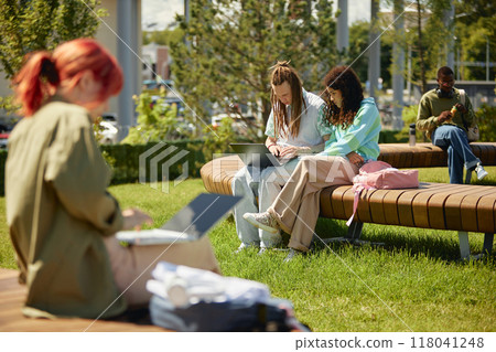 Full shot of two college students on bench using laptop together while studying outdoors on campus with green lawn enjoying fresh air and sunny day Full shot of two college students on bench using laptop together while studying outdoors on campus with green lawn enjoying fresh air and sunny day 118041248