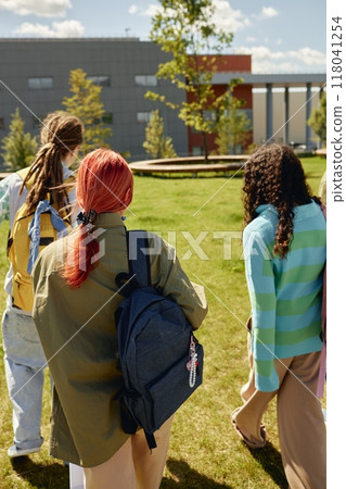 Back view of young students with backpacks walking on green lawn of college campus on autumn sunny day outdoors, copy space 118041254