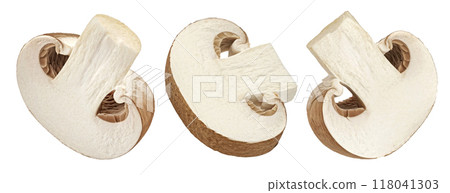 Brown champignon mushroom slices isolated on white background with clipping path, full depth of field Brown champignon mushroom slices isolated on white background with clipping path, full depth of field 118041303