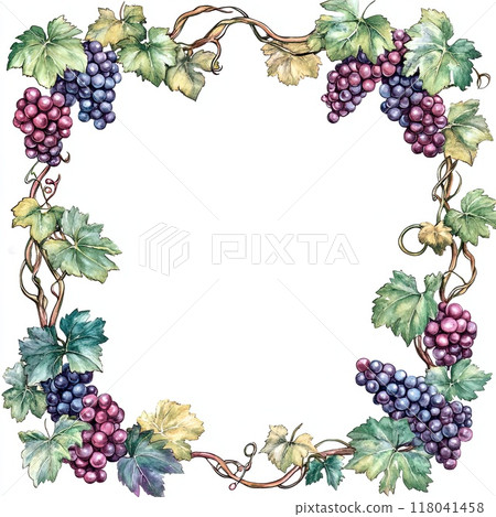 A vibrant illustration showcases curlicue grapes in shades of purple and green, surrounded by leafy vines, perfect for decorative or artistic purposes. 118041458