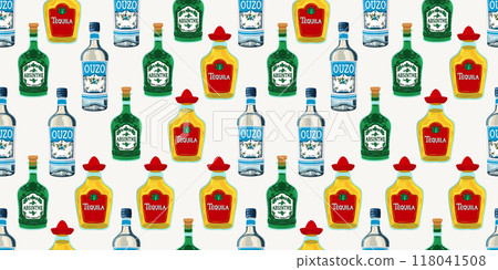 Vector seamless pattern with alcohol drinks. Bottles of tequila, ouzo, absinthe on light background Vector seamless pattern with alcohol drinks. Bottles of tequila, ouzo, absinthe on light background 118041508