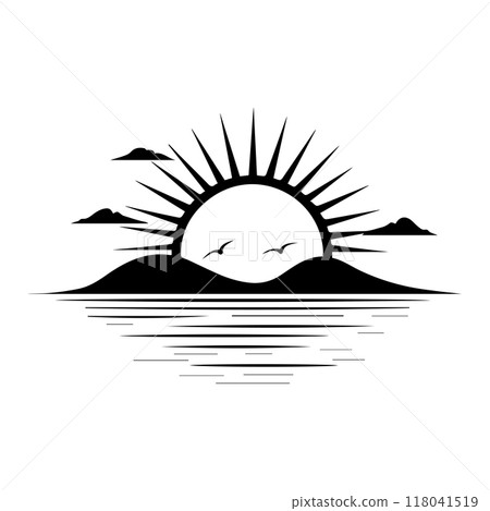 sunrise icon or modern line symbol. Vector line art and icon design with bold outline. Black and white Pixel Perfect minimalistic symbol isolated white background. Silhouette simple thin sign sunrise icon or modern line symbol. Vector line art and icon design with bold outline. Black and white Pixel Perfect minimalistic symbol isolated white background. Silhouette simple thin sign 118041519