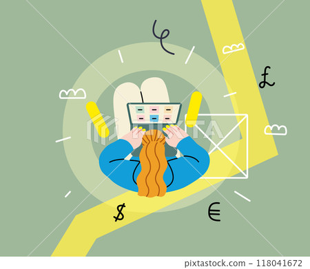 Creative workspace, modern flat vector concept illustration of a woman working sitting with a computer Remote work, flexibility, independence, efficiency, mobility, synergy, freedom 118041672