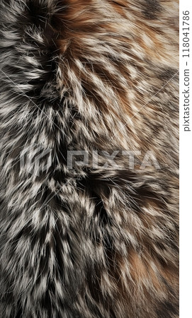 A close-up view reveals a rich, textured fur background featuring a blend of colors and intricate patterns. The softness and warmth of the fur provides a striking visual appeal A close-up view reveals a rich, textured fur background featuring a blend of colors and intricate patterns. The softness and warmth of the fur provides a striking visual appeal 118041786