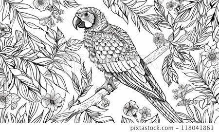 A detailed illustration depicts a parrot resting on a branch 118041861