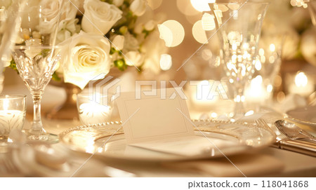 A beautifully arranged table showcases delicate glassware, silver accents, and soft candlelight A beautifully arranged table showcases delicate glassware, silver accents, and soft candlelight 118041868