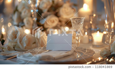 Beautifully set dining table is illuminated by soft candlelight, surrounded by fragrant white roses 118041869