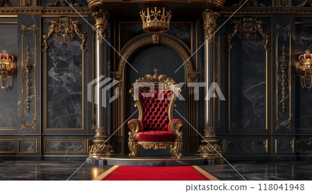 Throne in luxury royal room. Historic vintage king red chair. Retro golden interior of palace or museum. Classic elegant baroque armchair. Royalty seat 118041948