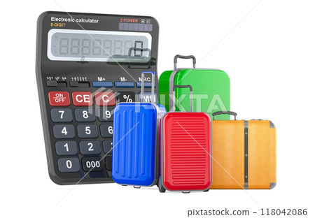 Calculator with suitcases. Vacation Budget Calculator. Saving Money For Travel, concept. 3D rendering 118042086