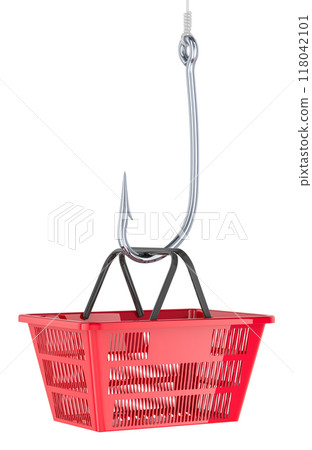Shopping basket on the fishing hook, 3D rendering 118042101