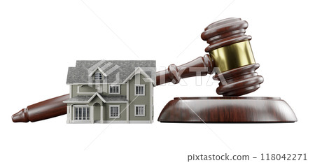 Miniature Model House and Gavel Isolated on a White Background. 118042271