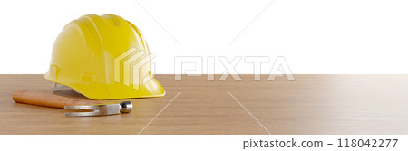 Yellow Construction Hard Hat and Hammer Resting on Wood Surface Banner Isolated on a White Background. 118042277